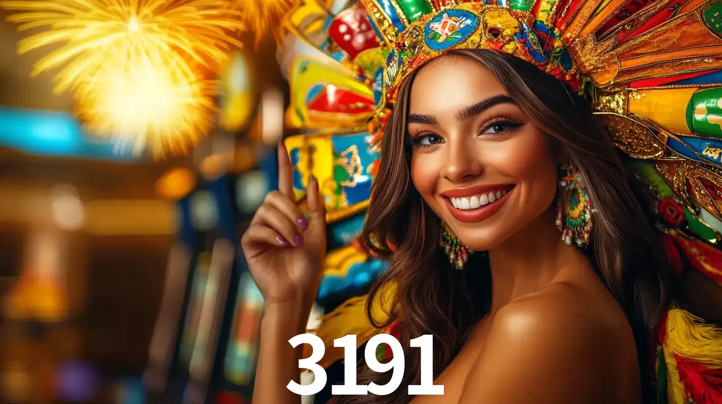 Mulher sorridente com um cocar de carnaval vibrante e colorido, celebrando uma grande vitória nos jogos do cassino 3191 com fogos de artifício ao fundo.