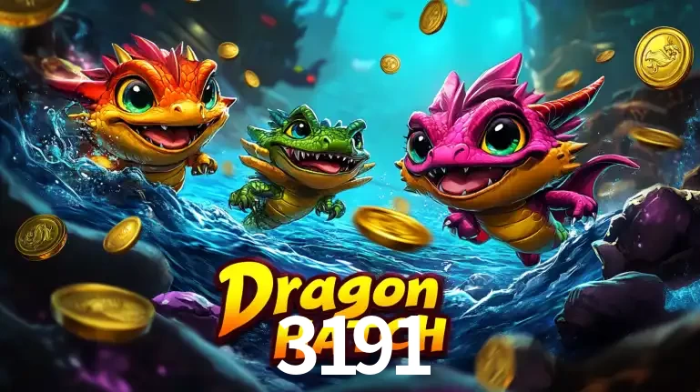 Arte promocional do jogo Dragon Hatch com três adoráveis dragões bebês nadando entre moedas de ouro, um dos slots mais divertidos para jogar no cassino 3191.