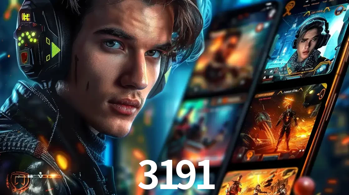 Jovem jogador com fones de ouvido olhando para a câmera, com um aplicativo de jogos e e-sports para celular ao fundo, pronto para a competição e apostas no 3191.