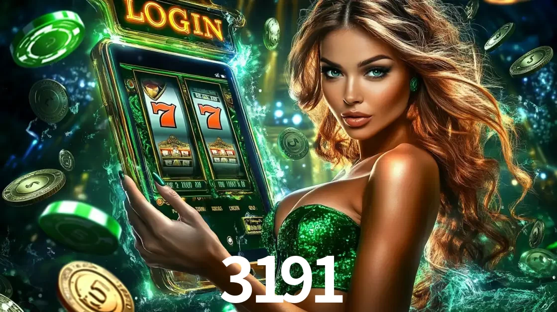 Mulher com tema verde apresentando o aplicativo do cassino 3191 com um jogo de slot de 777, cercada por fichas de cassino e uma aura de sorte.