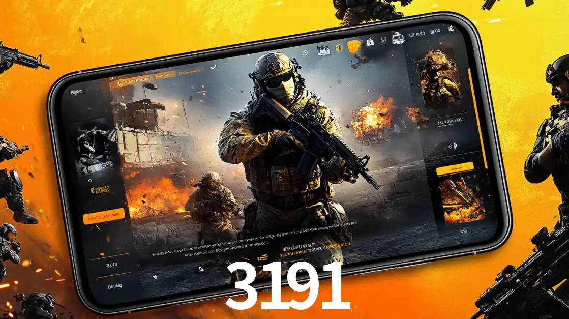 Um smartphone exibindo a interface de um jogo de tiro em primeira pessoa, com um soldado em um cenário de batalha, representando a ação dos e-sports para apostar no 3191.