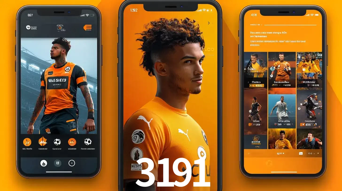 Interface do aplicativo de apostas esportivas 3191 em três telas de celular, mostrando o perfil de um jogador de futebol e a lista de jogos disponíveis para apostar.
