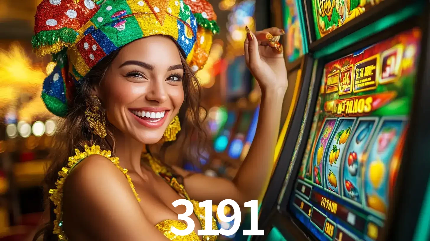 Mulher feliz com traje de carnaval amarelo e colorido ao lado de uma máquina de caça-níqueis, aproveitando a diversão e os jogos temáticos do cassino 3191.