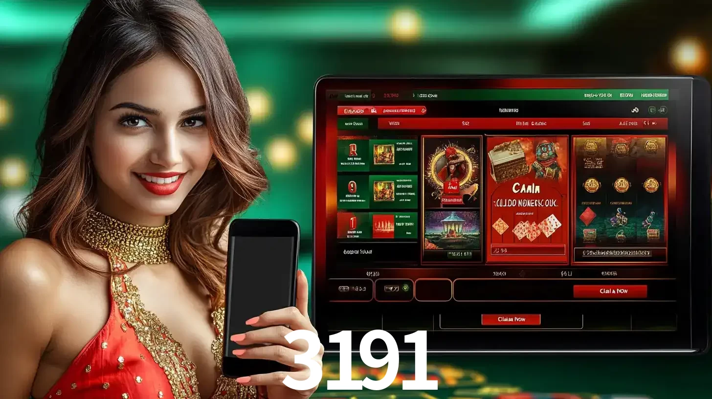 Mulher sorridente segurando um smartphone, ao lado de uma tela exibindo o lobby de jogos do cassino online 3191, com várias opções de jogos de cartas e slots.
